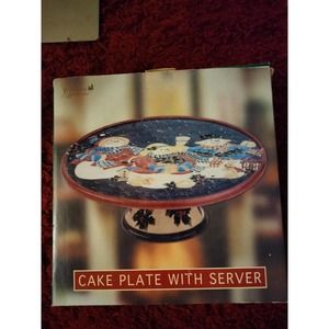 Hand painted Glass Christmas Cake Stand/Plate With Serving Knife- Snowman Theme